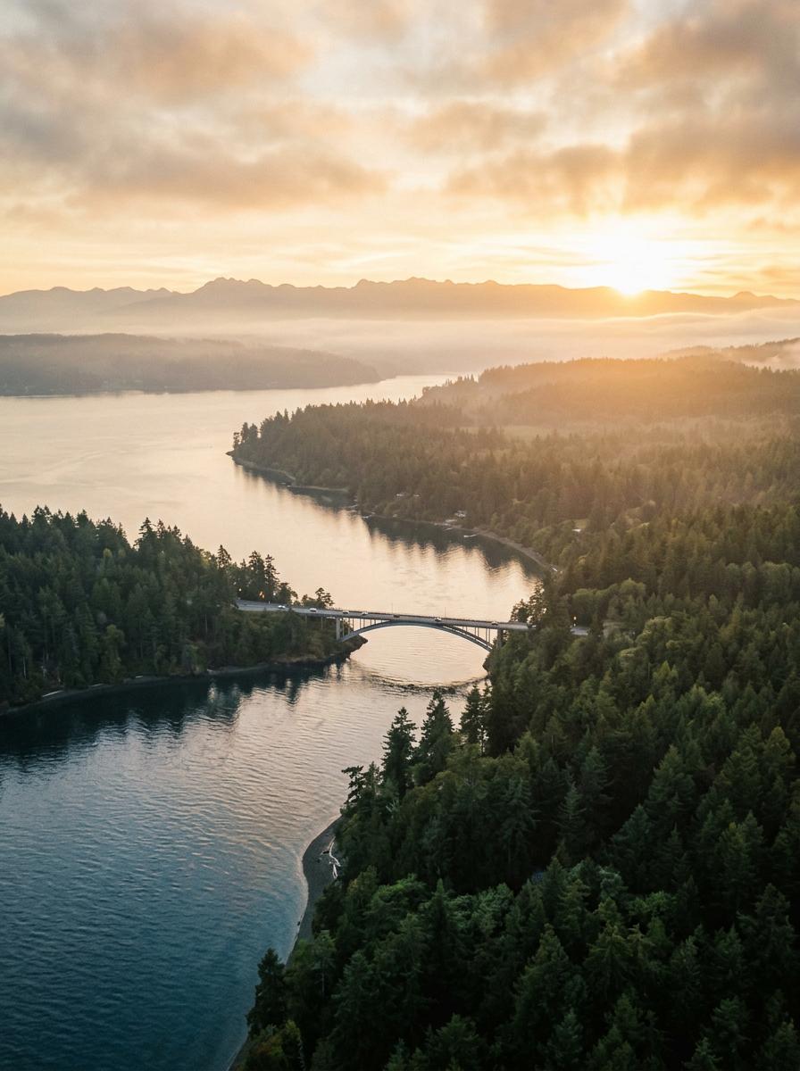 Aerial view of Kitsap County shoreline and Puget Sound at golden hour